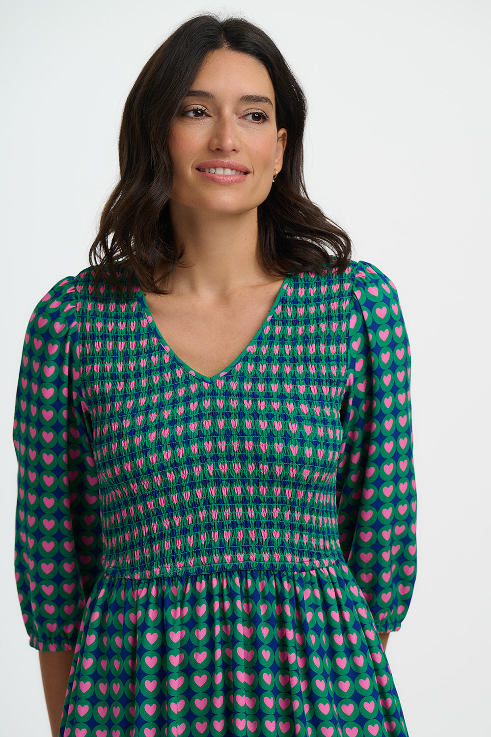 Della Shirred Midi Dress, Navy with Heart Tile