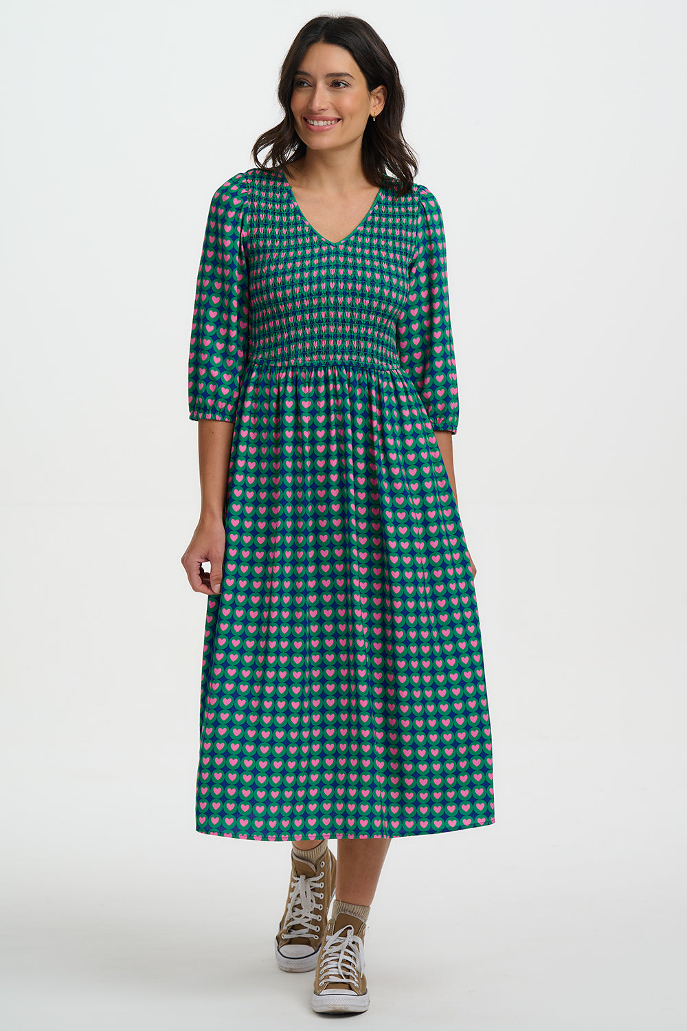 Della Shirred Midi Dress, Navy with Heart Tile