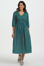 Della Shirred Midi Dress, Navy with Heart Tile