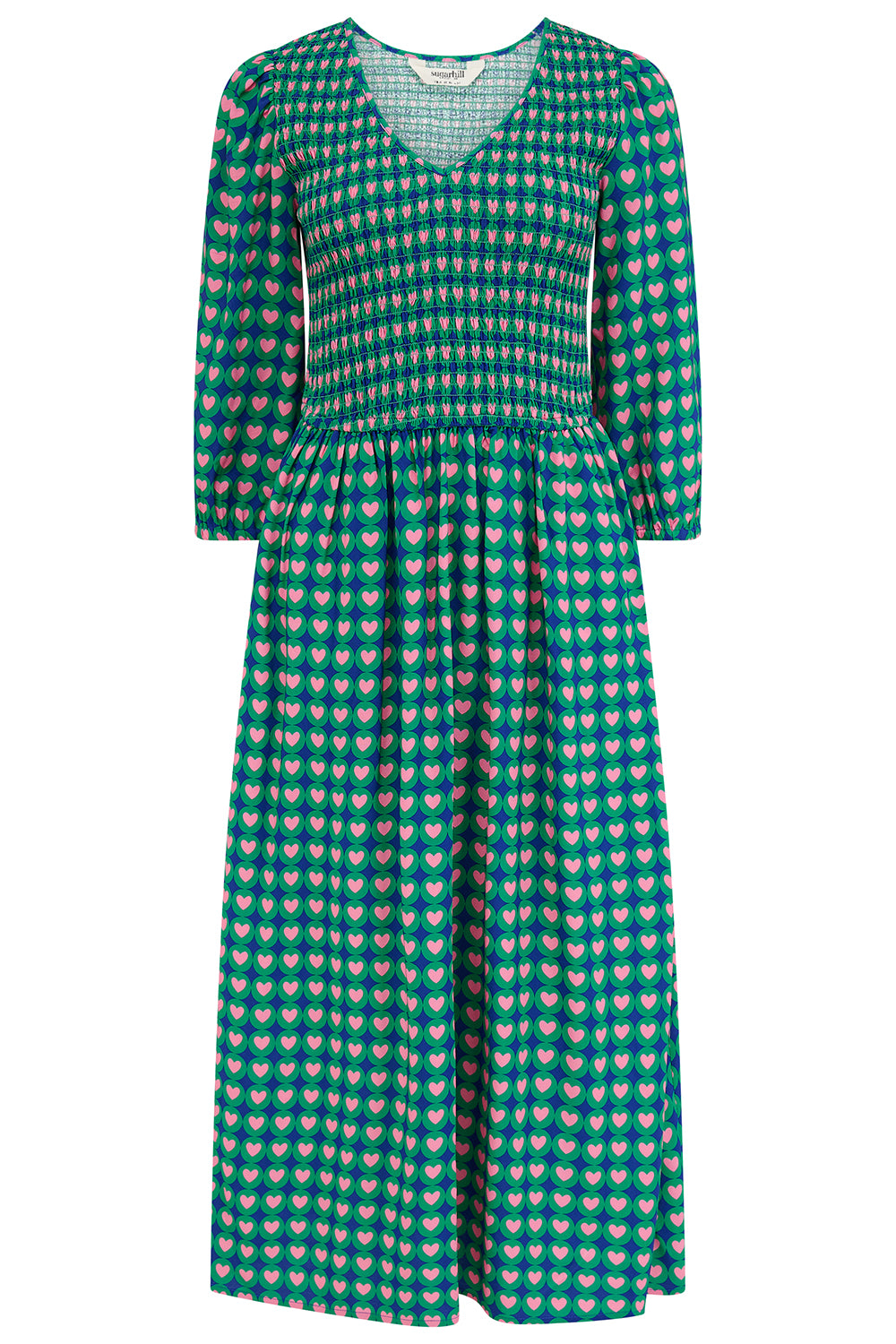 Della Shirred Midi Dress, Navy with Heart Tile