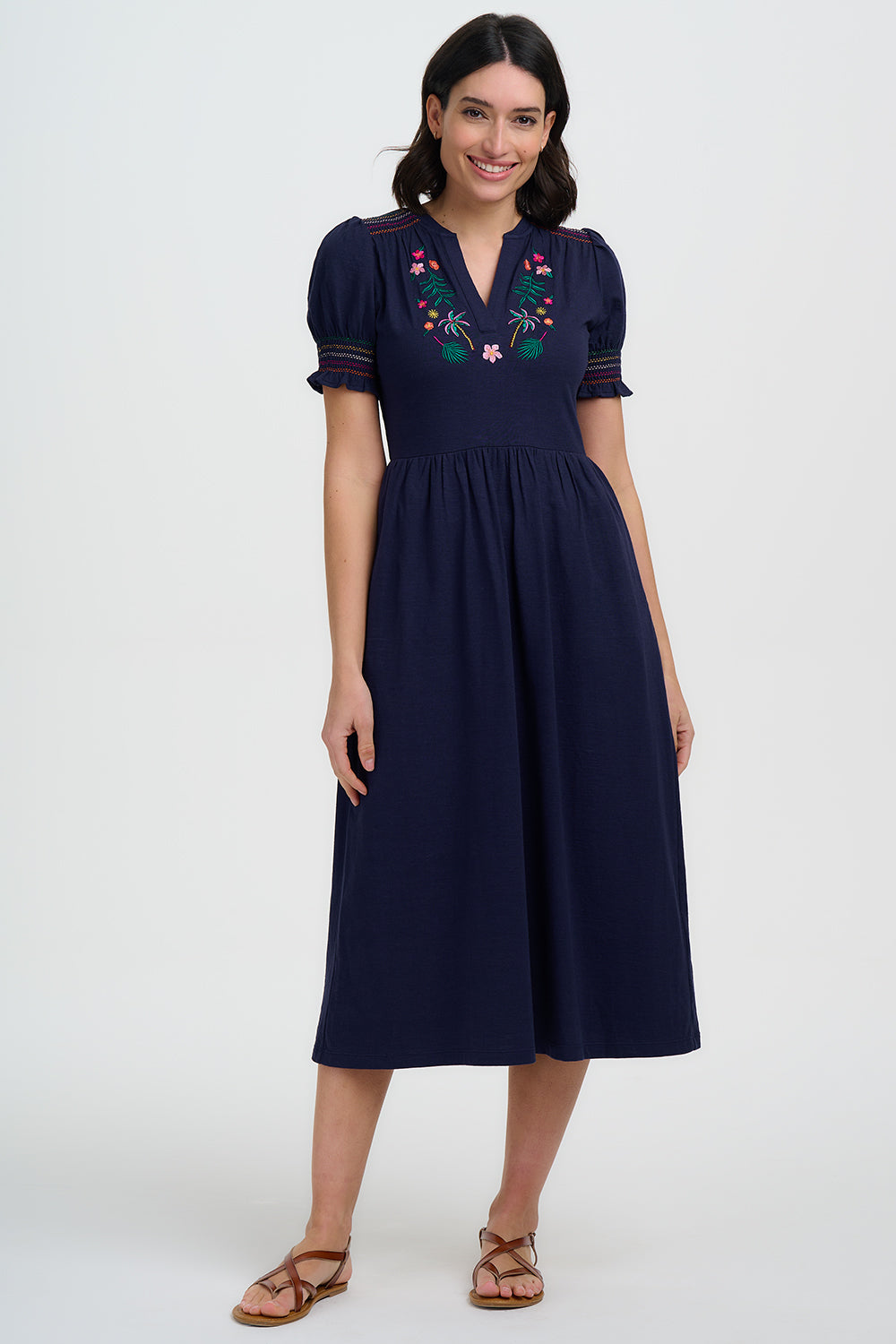 Esme Jersey Midi Dress, Navy, Tropic Palm Embroidery
