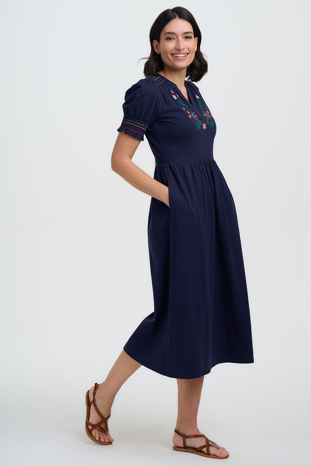 Esme Jersey Midi Dress, Navy, Tropic Palm Embroidery