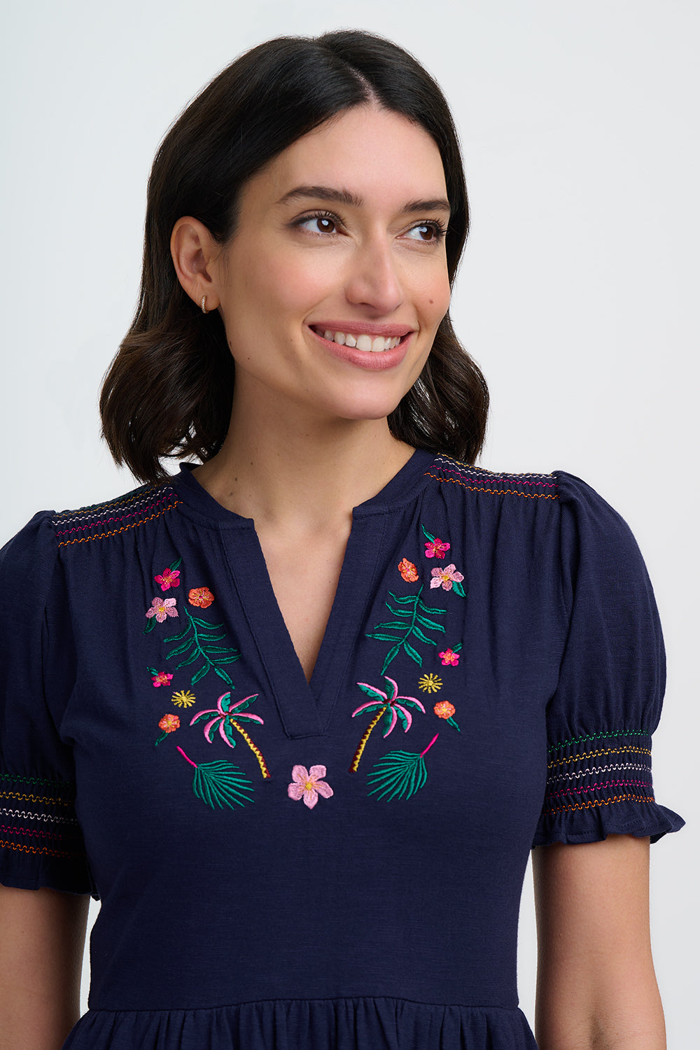 Esme Jersey Midi Dress, Navy, Tropic Palm Embroidery