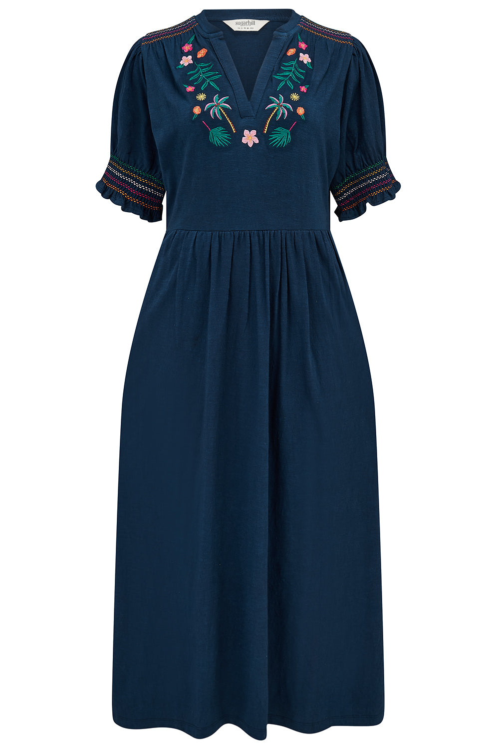 Esme Jersey Midi Dress, Navy, Tropic Palm Embroidery