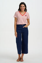 Khloe V-Neck Tee Shirt, Red/Off-White Stripe, Strawberry