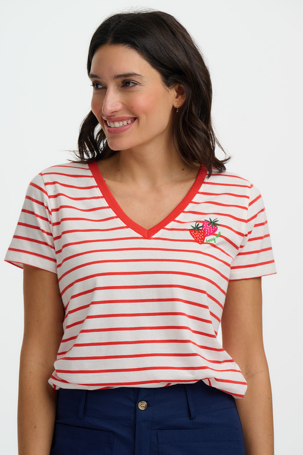 Khloe V-Neck Tee Shirt, Red/Off-White Stripe, Strawberry