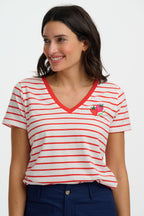 Khloe V-Neck Tee Shirt, Red/Off-White Stripe, Strawberry