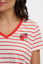 Khloe V-Neck Tee Shirt, Red/Off-White Stripe, Strawberry