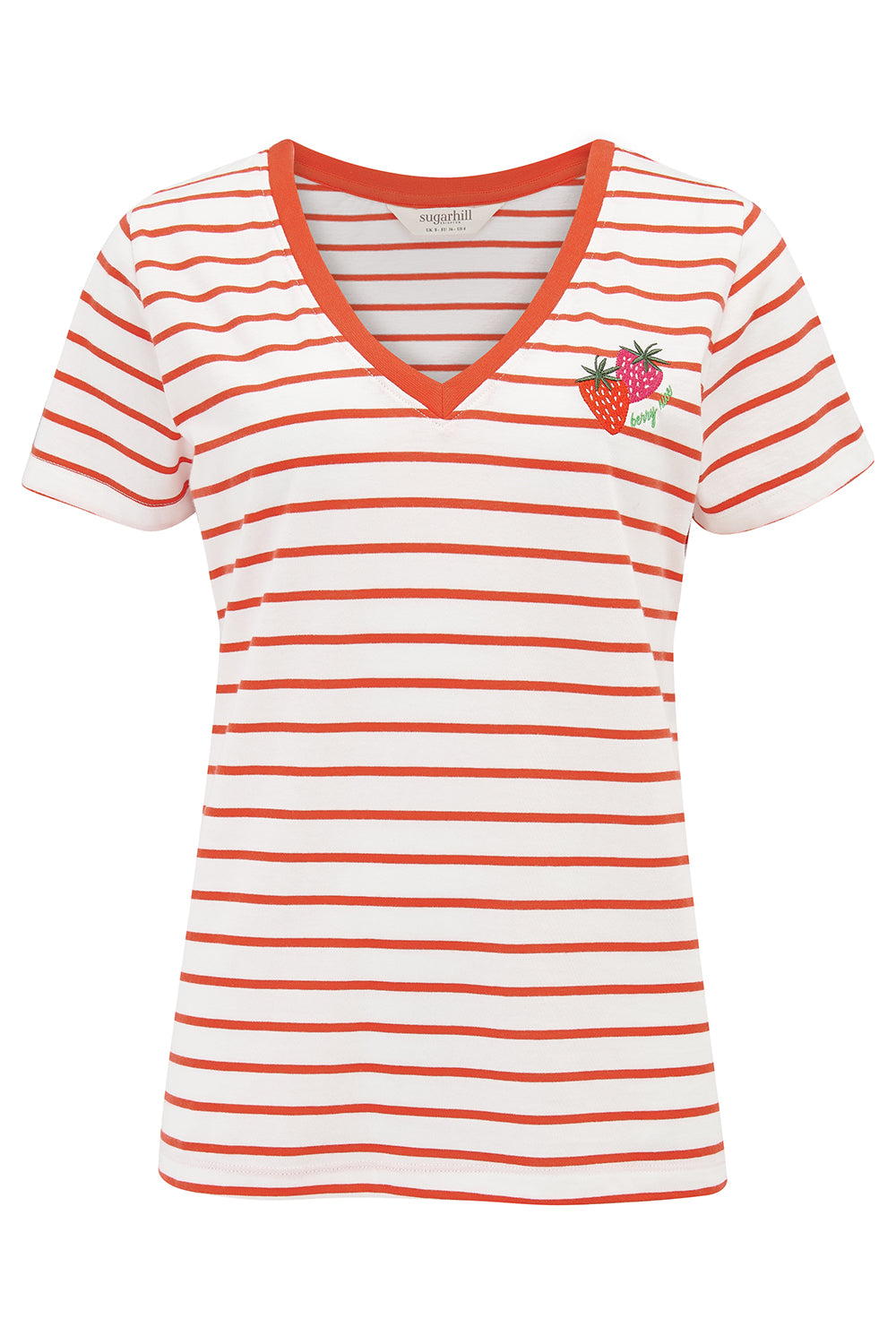 Khloe V-Neck Tee Shirt, Red/Off-White Stripe, Strawberry