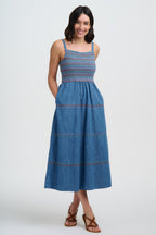 Murren Shirred Midi Dress, Washed Blue Denim