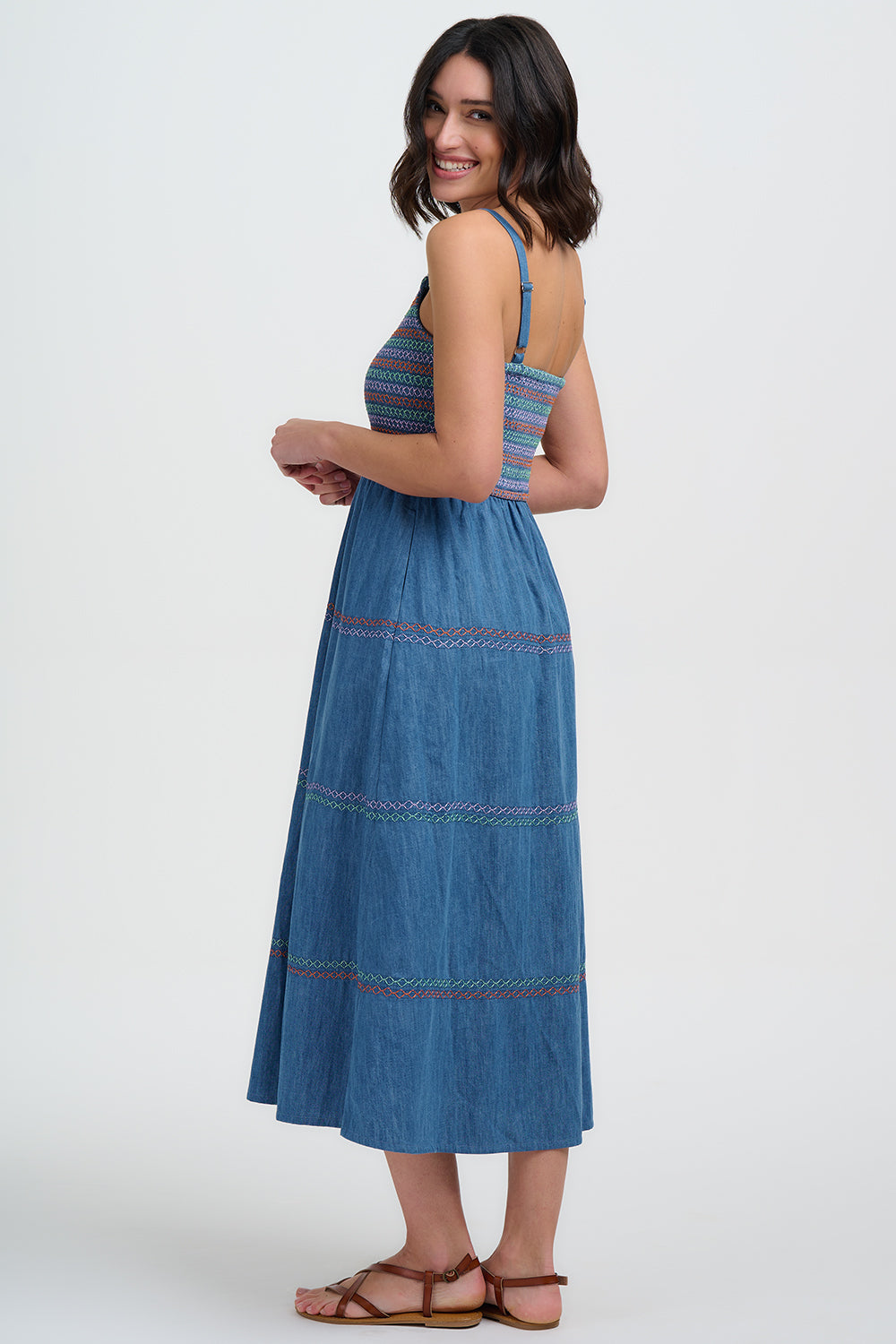 Murren Shirred Midi Dress, Washed Blue Denim