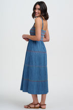 Murren Shirred Midi Dress, Washed Blue Denim