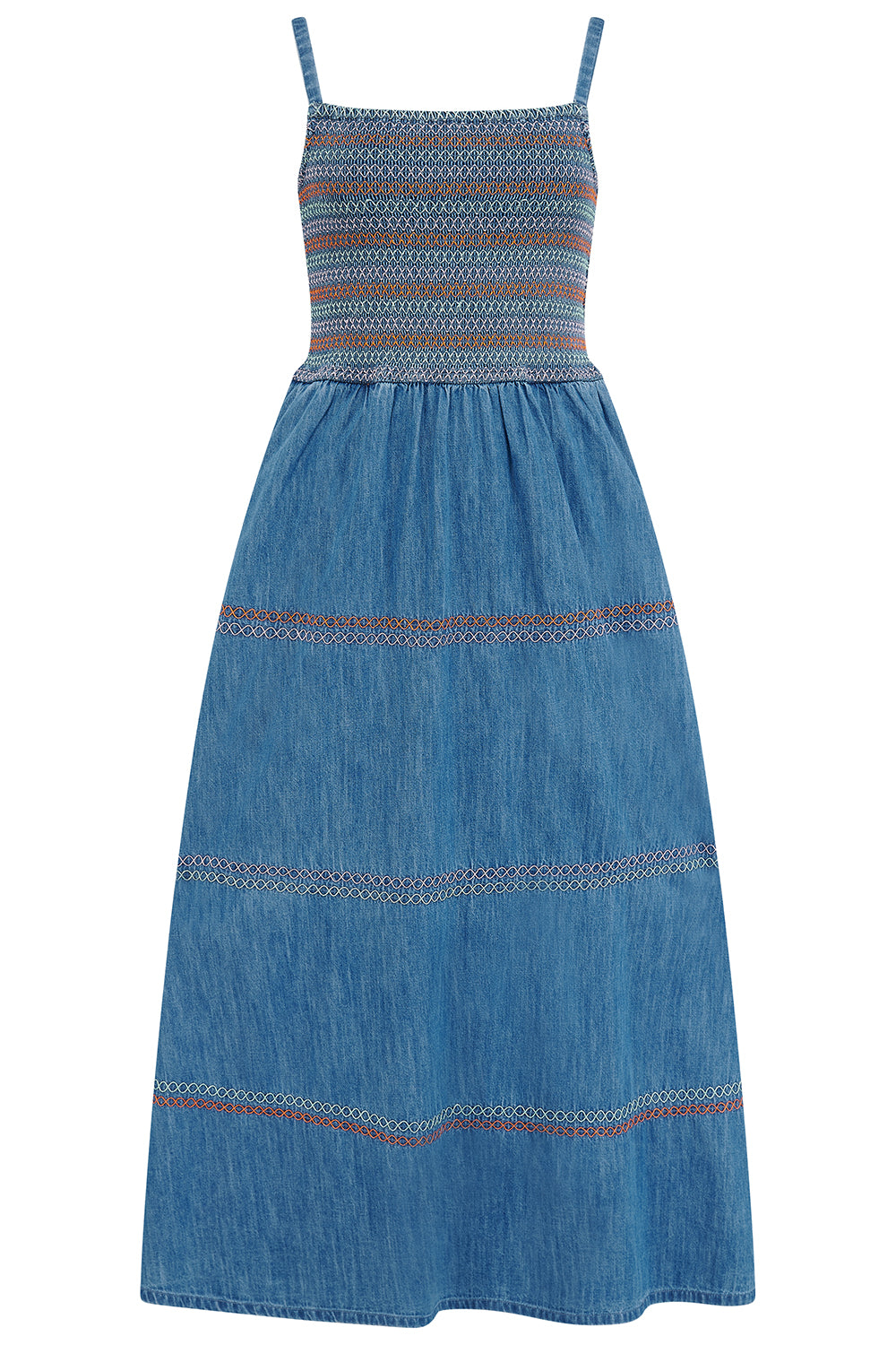 Murren Shirred Midi Dress, Washed Blue Denim