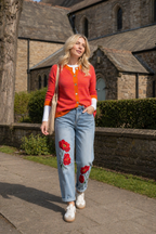Cindy Red Flower Jeans, Pale Wash
