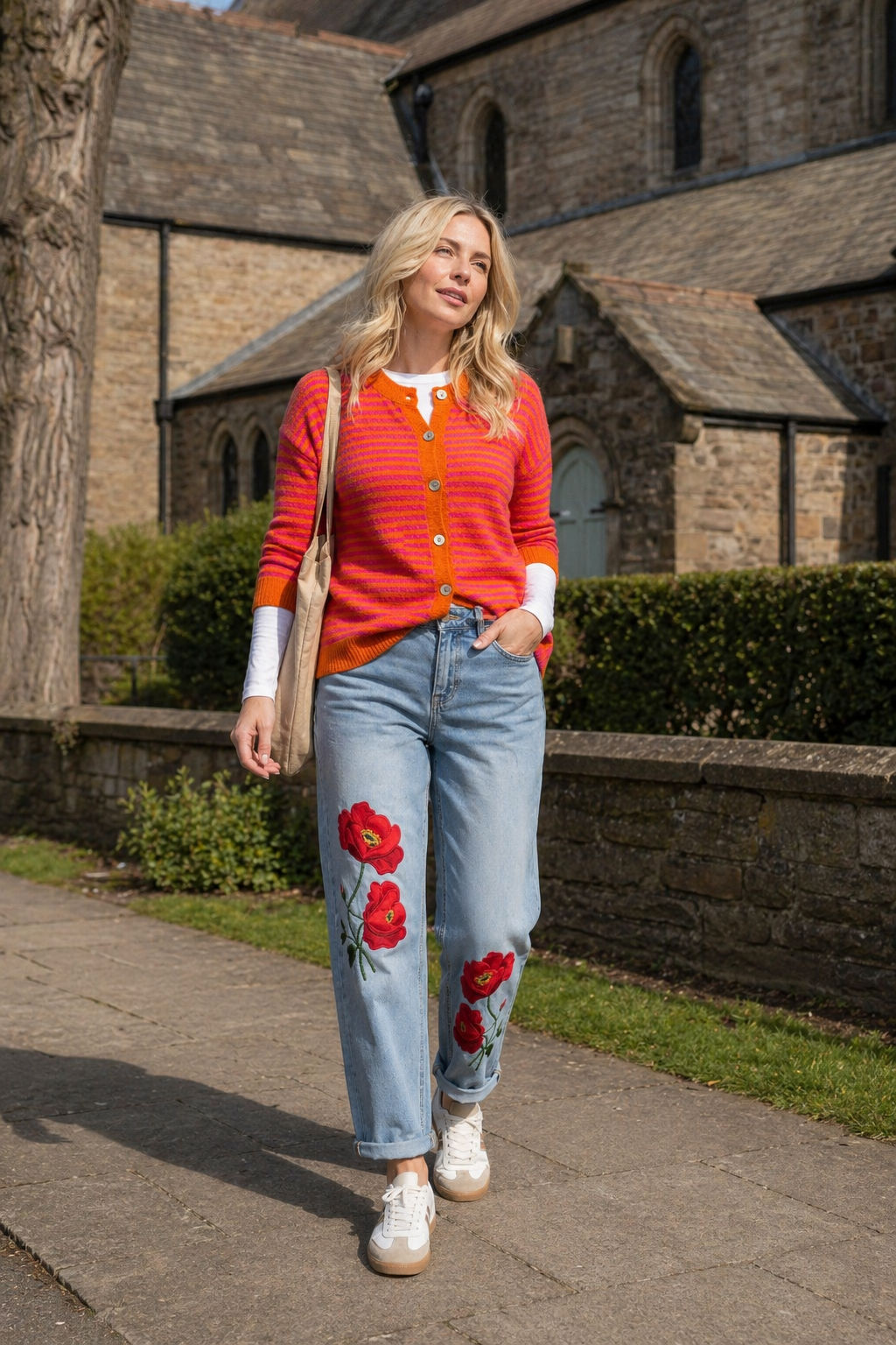 Cindy Red Flower Jeans, Pale Wash
