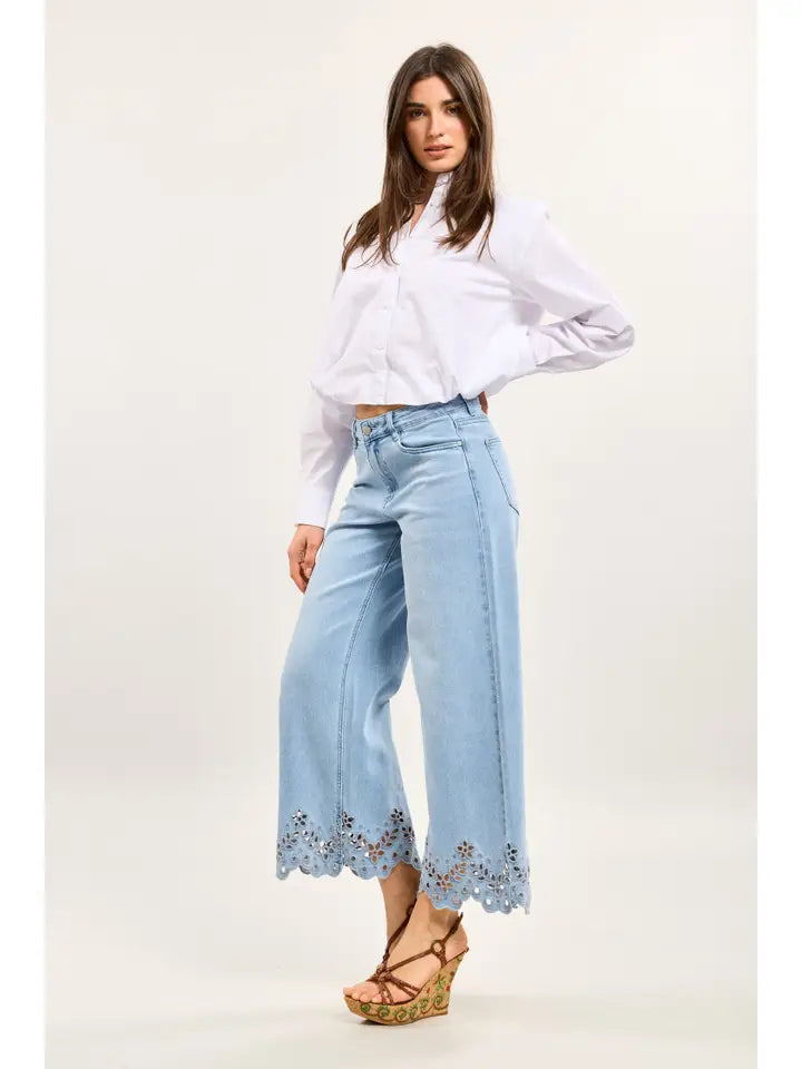 Colette Floral Detail Jean, Light Blue Denim