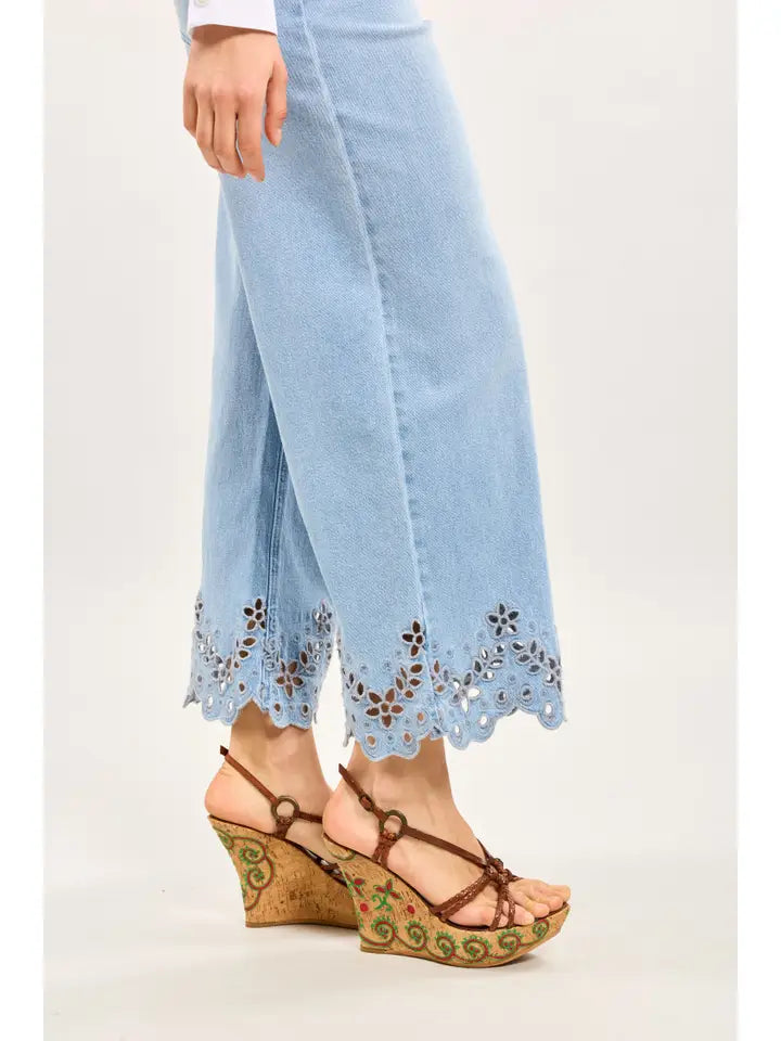 Colette Floral Detail Jean, Light Blue Denim