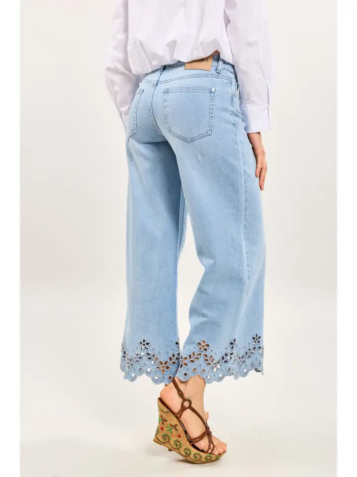 Colette Floral Detail Jean, Light Blue Denim