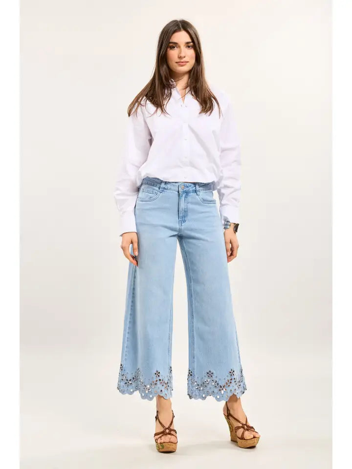 Colette Floral Detail Jean, Light Blue Denim