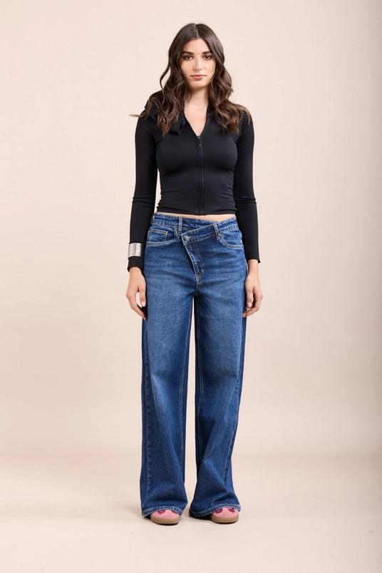 Mandi Asymmetric Waist Jean, Blue Denim