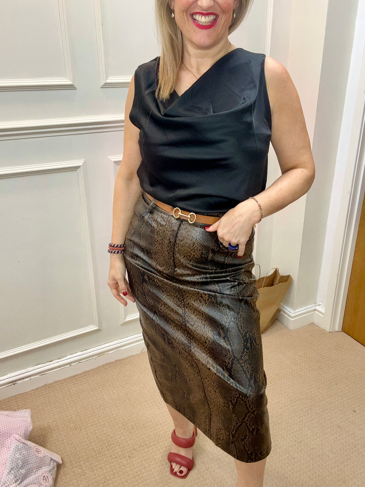 Coffee-brown snakeskin-effect Elloni faux-leather midi skirt with front pockets