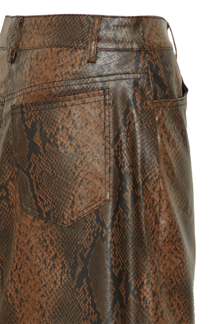 Brown patterned Elloni skirt with front pockets and button fastening