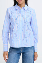 Jisoo Frill Detail Shirt, Light Blue Stripe