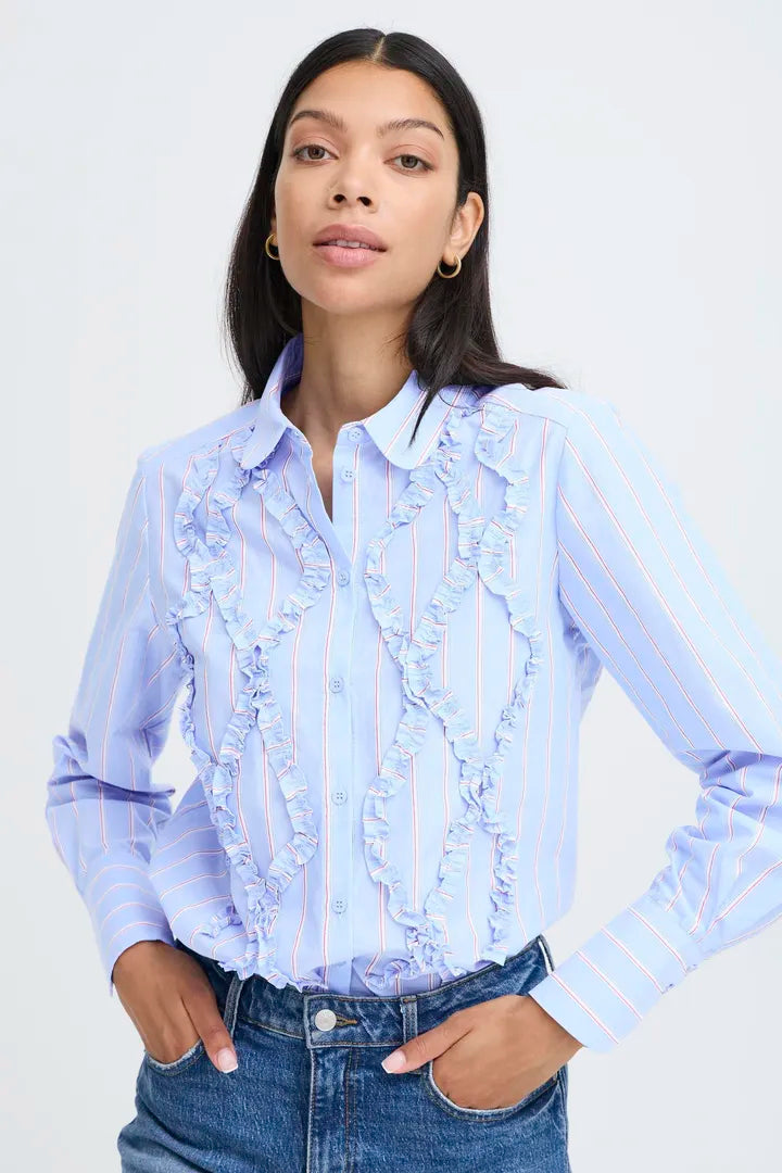 Jisoo Frill Detail Shirt, Light Blue Stripe