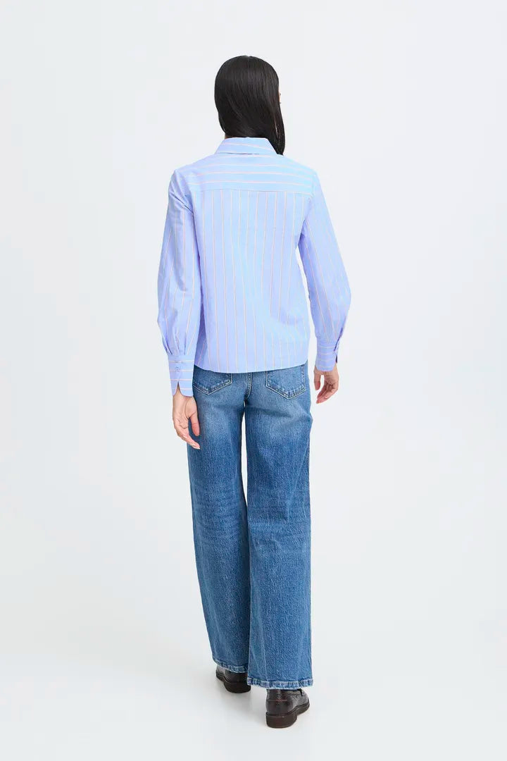 Jisoo Frill Detail Shirt, Light Blue Stripe