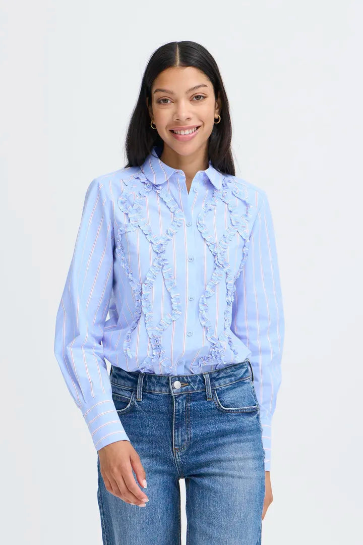 Jisoo Frill Detail Shirt, Light Blue Stripe