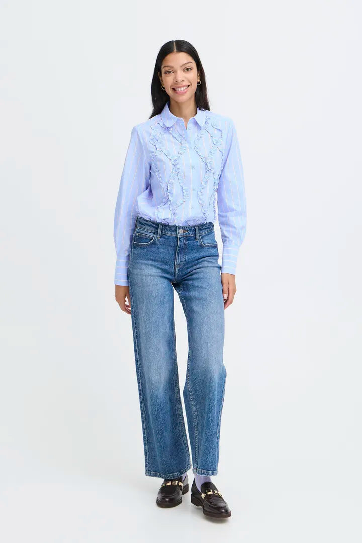 Jisoo Frill Detail Shirt, Light Blue Stripe
