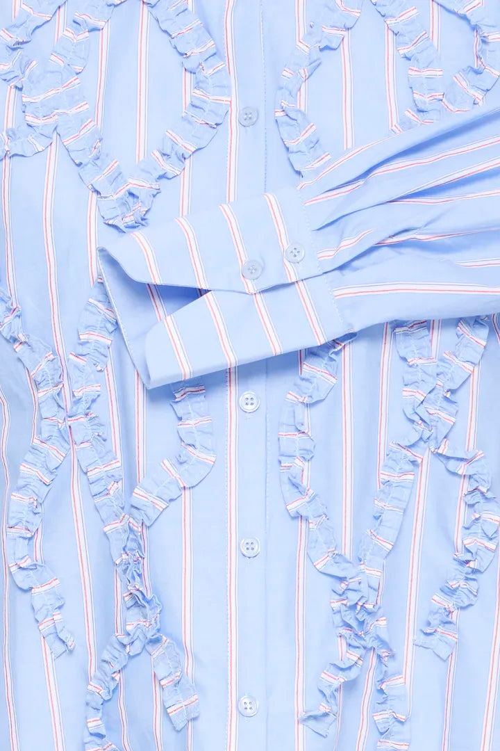 Jisoo Frill Detail Shirt, Light Blue Stripe
