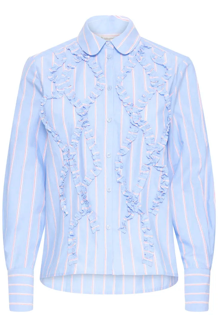 Jisoo Frill Detail Shirt, Light Blue Stripe