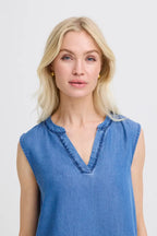 Kosmo Sleeveless Embroidered Shirt, Mid Blue Denim