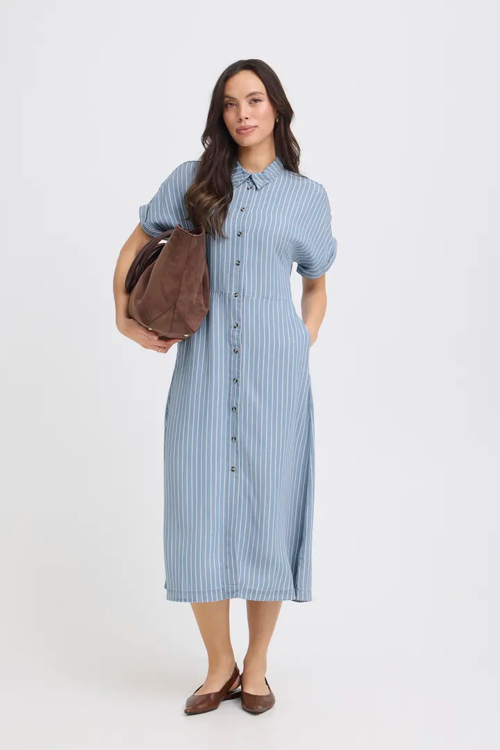 Kosmo Button Dress, Light Blue Denim Stripe