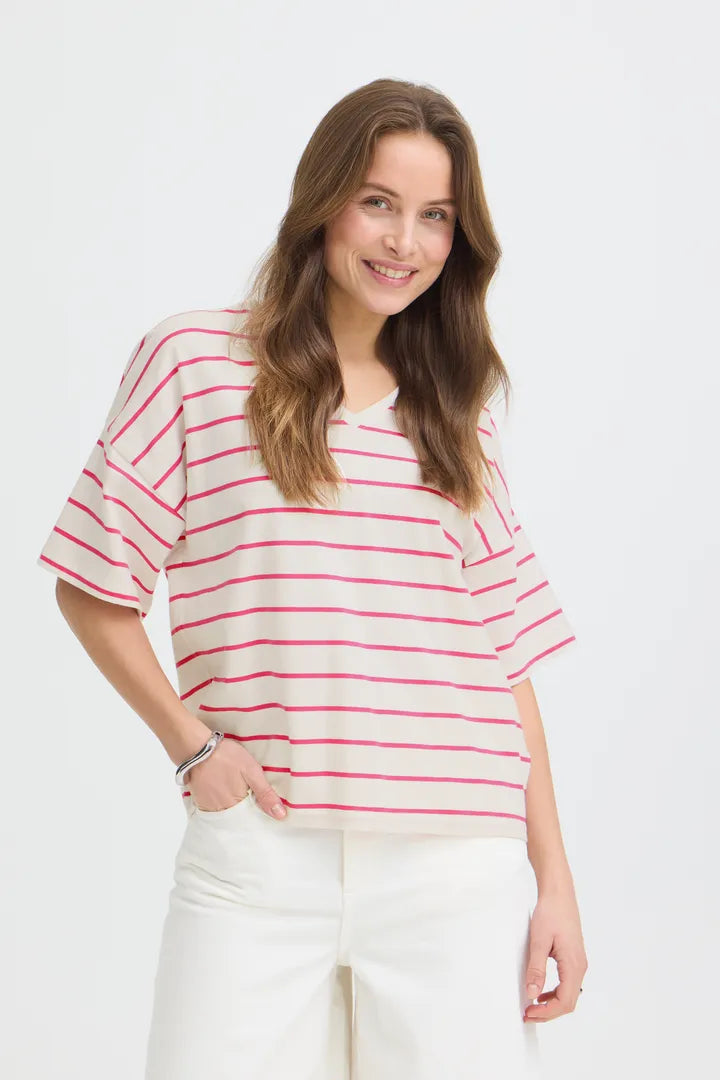 Pandinna V-Neck Tee Shirt, Raspberry Rose Stripe