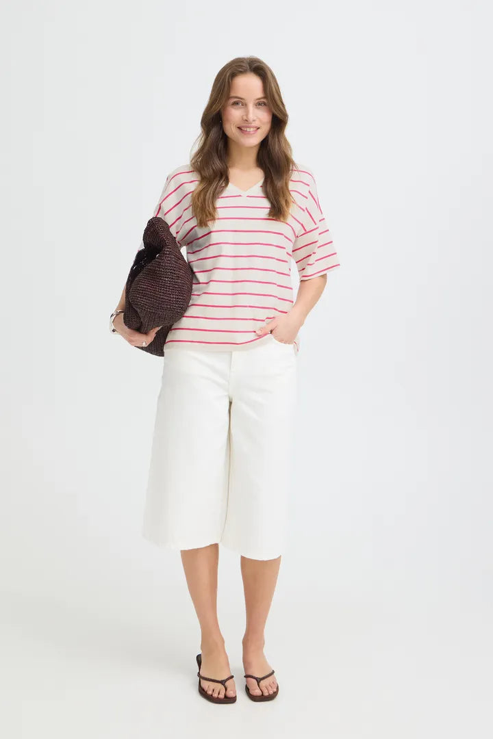 Pandinna V-Neck Tee Shirt, Raspberry Rose Stripe
