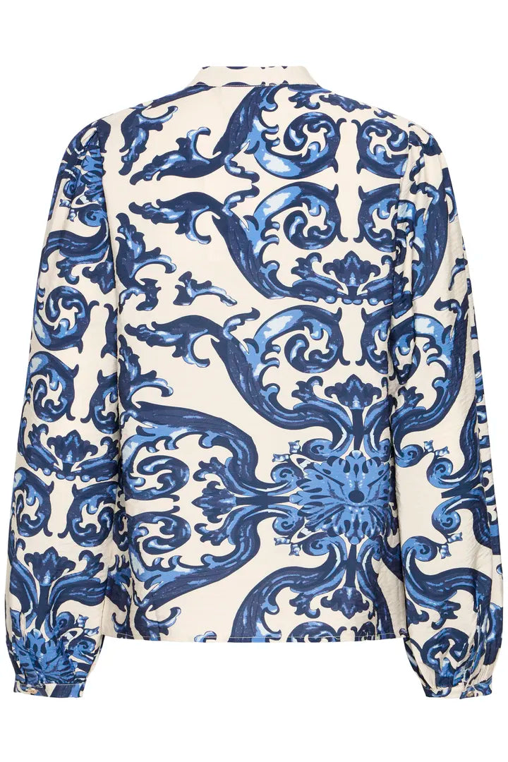 Carrie Blouse, Off White & Blue Rococo Print
