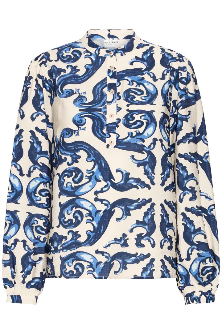 Carrie Blouse, Off White & Blue Rococo Print