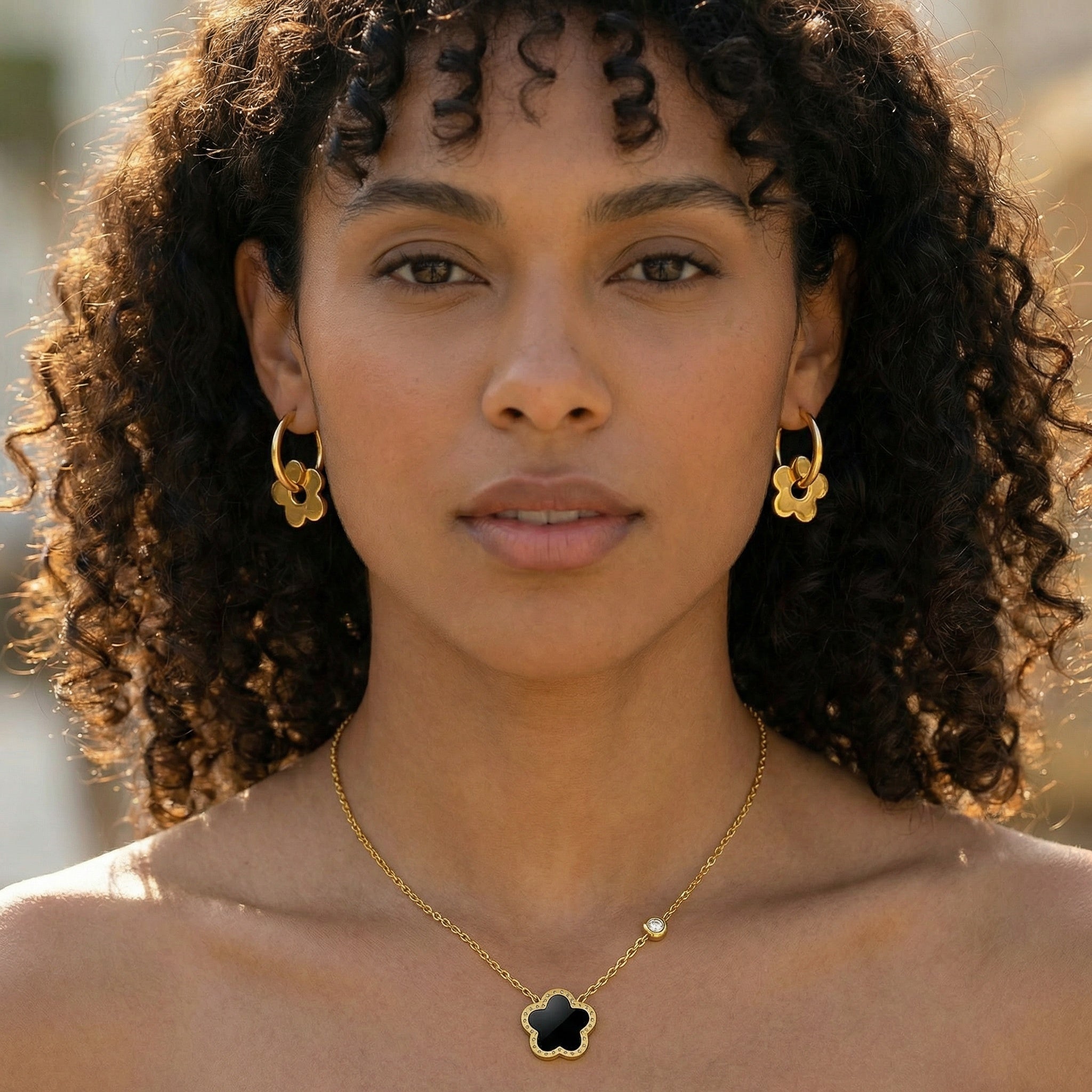 Gold-Plated Clover Necklace, Black & Gem