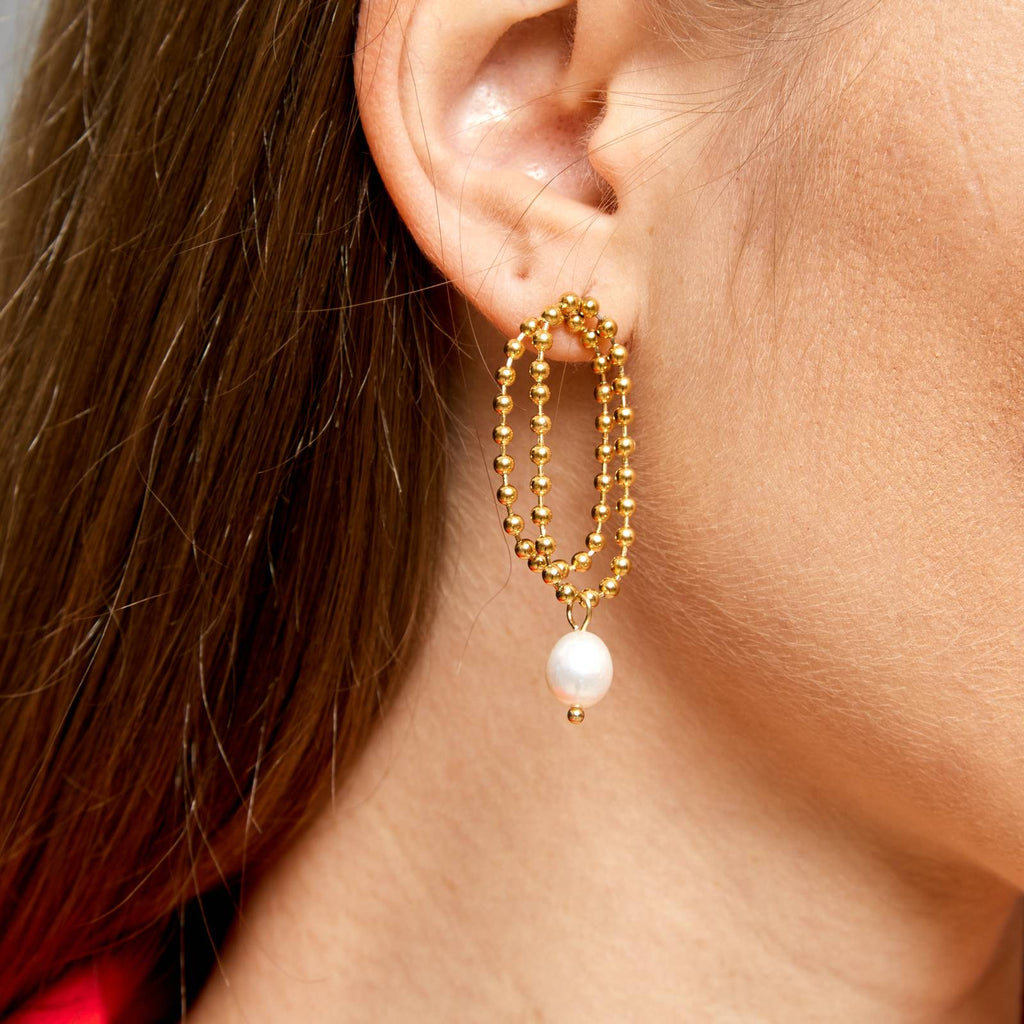 Gold-Plated Loop Chain Pearl Earrings