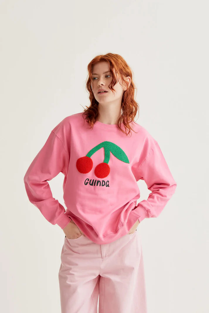 Beatriz Sweatshirt, Pink - with Giant Cherry Embroidery