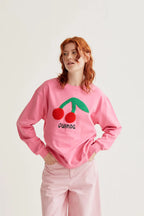 Beatriz Sweatshirt, Pink - with Giant Cherry Embroidery