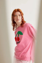 Beatriz Sweatshirt, Pink - with Giant Cherry Embroidery