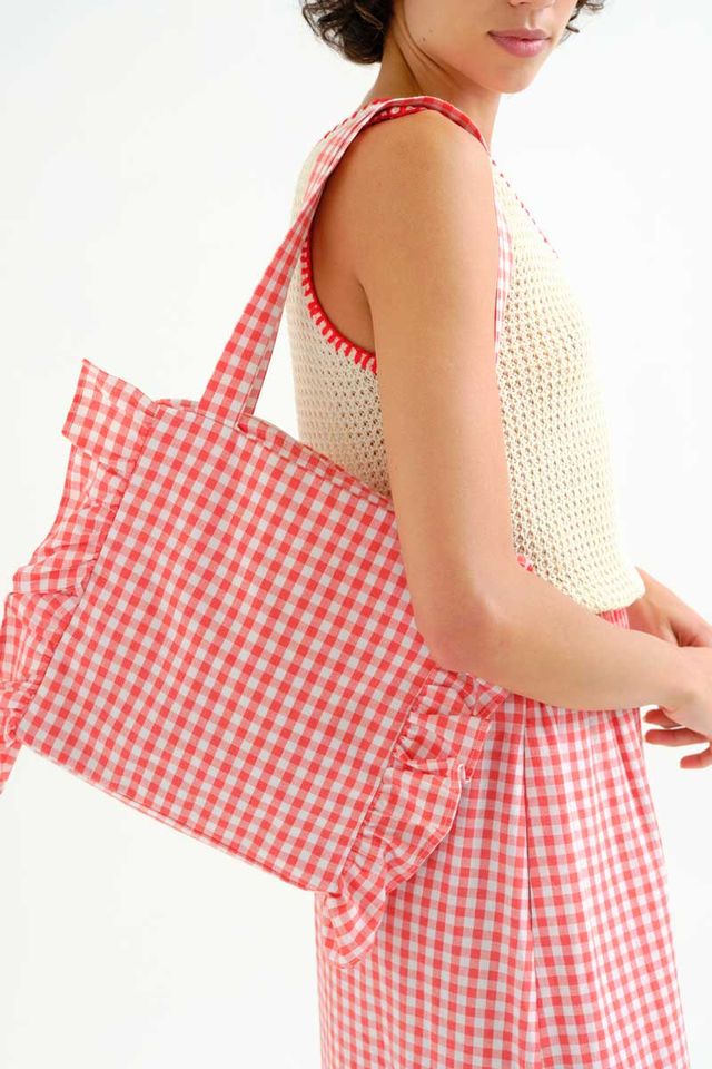 Nuria Tote Bag, Red Check