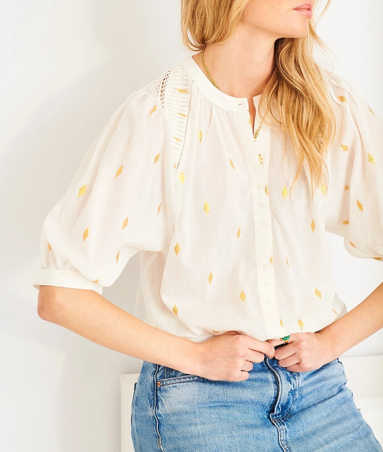 Carmen Blouse, White with Gold Dots