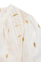 Carmen Blouse, White with Gold Dots