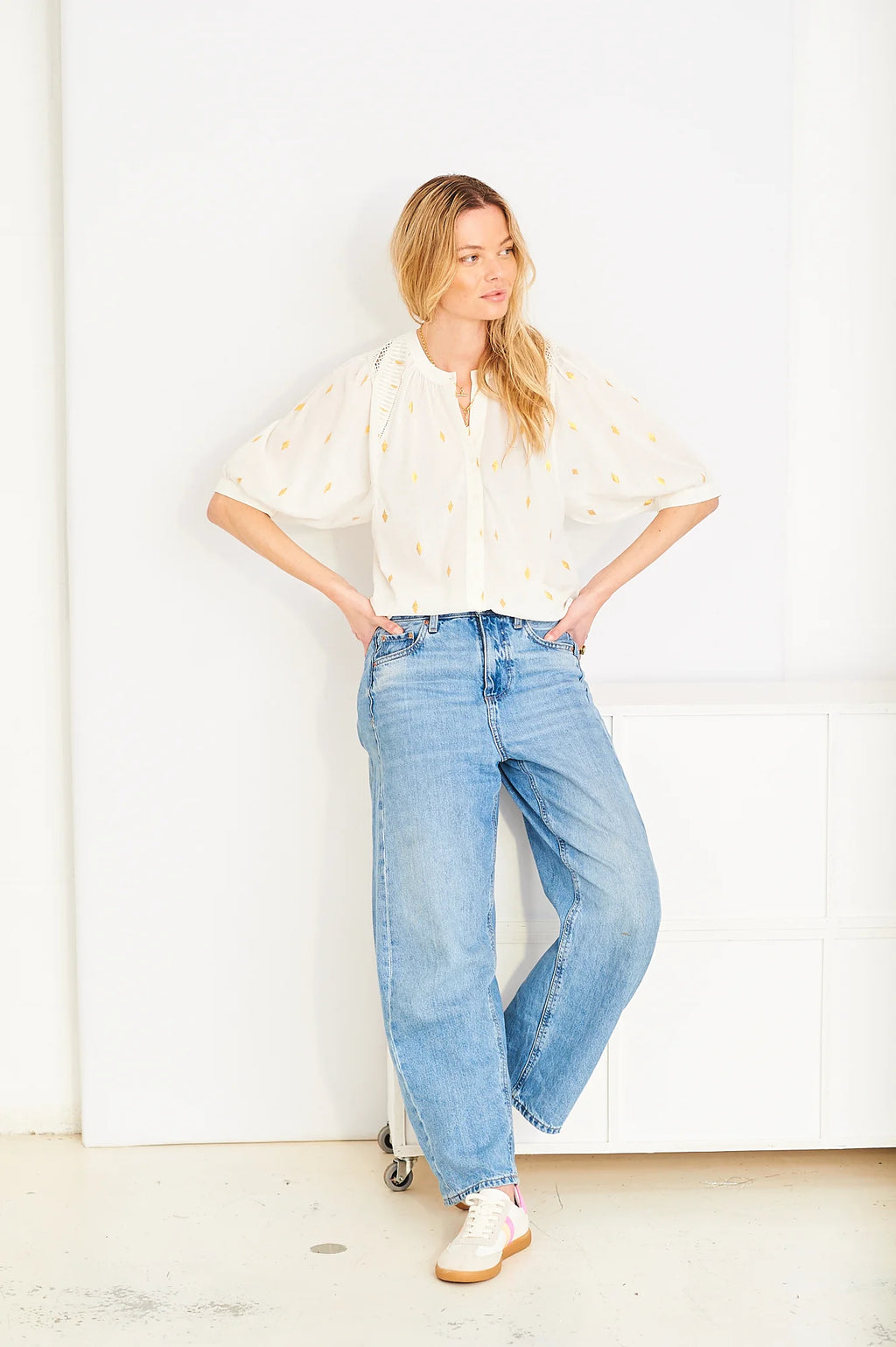 Carmen Blouse, White with Gold Dots