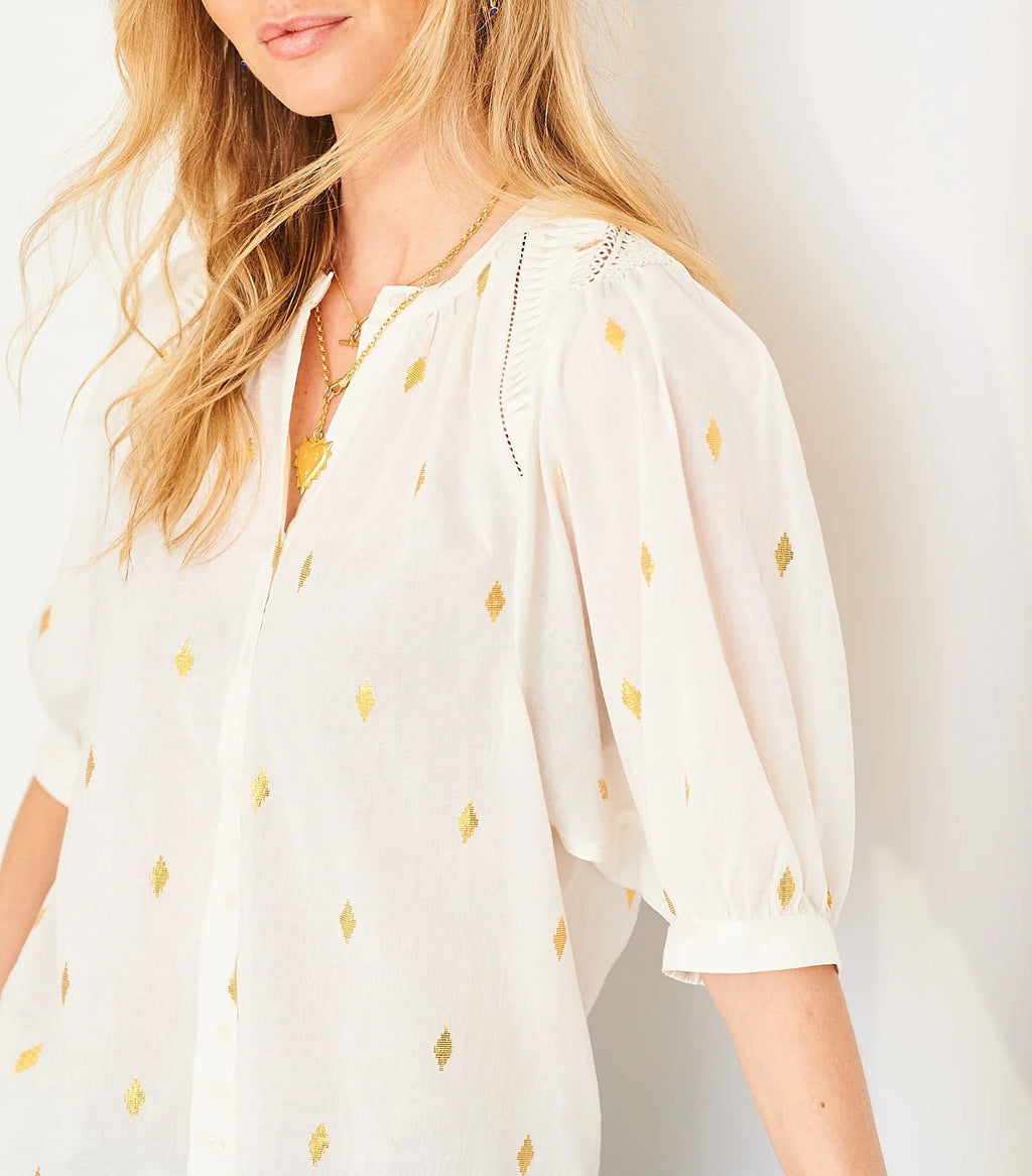 Carmen Blouse, White with Gold Dots