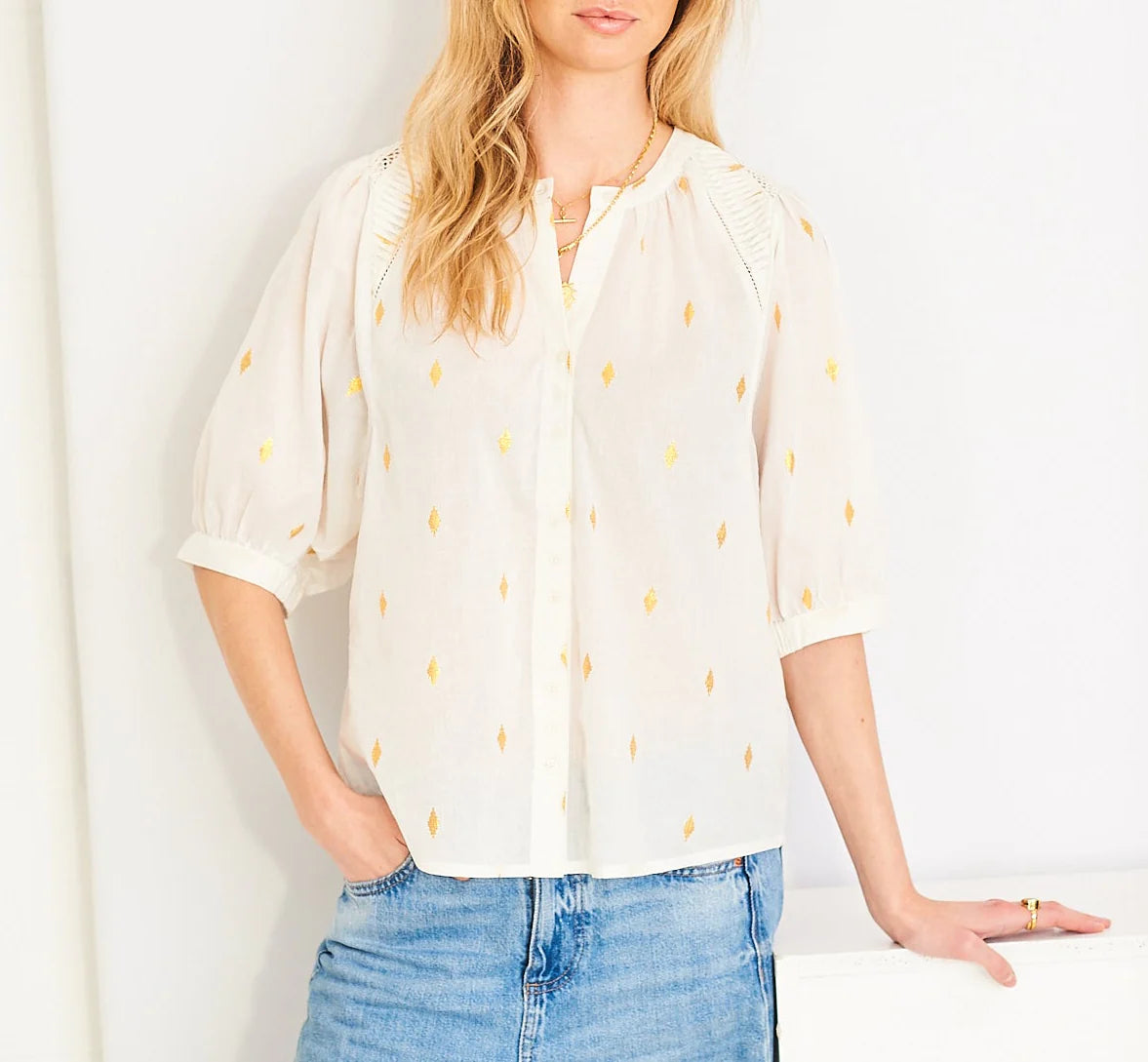 Carmen Blouse, White with Gold Dots